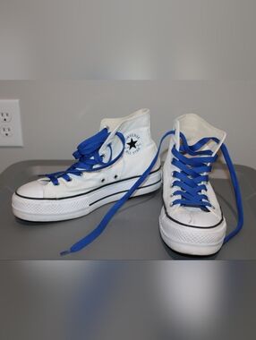 Converse Chuck Taylor All Star High Top Platfor Sneakers - White with Blue Laces